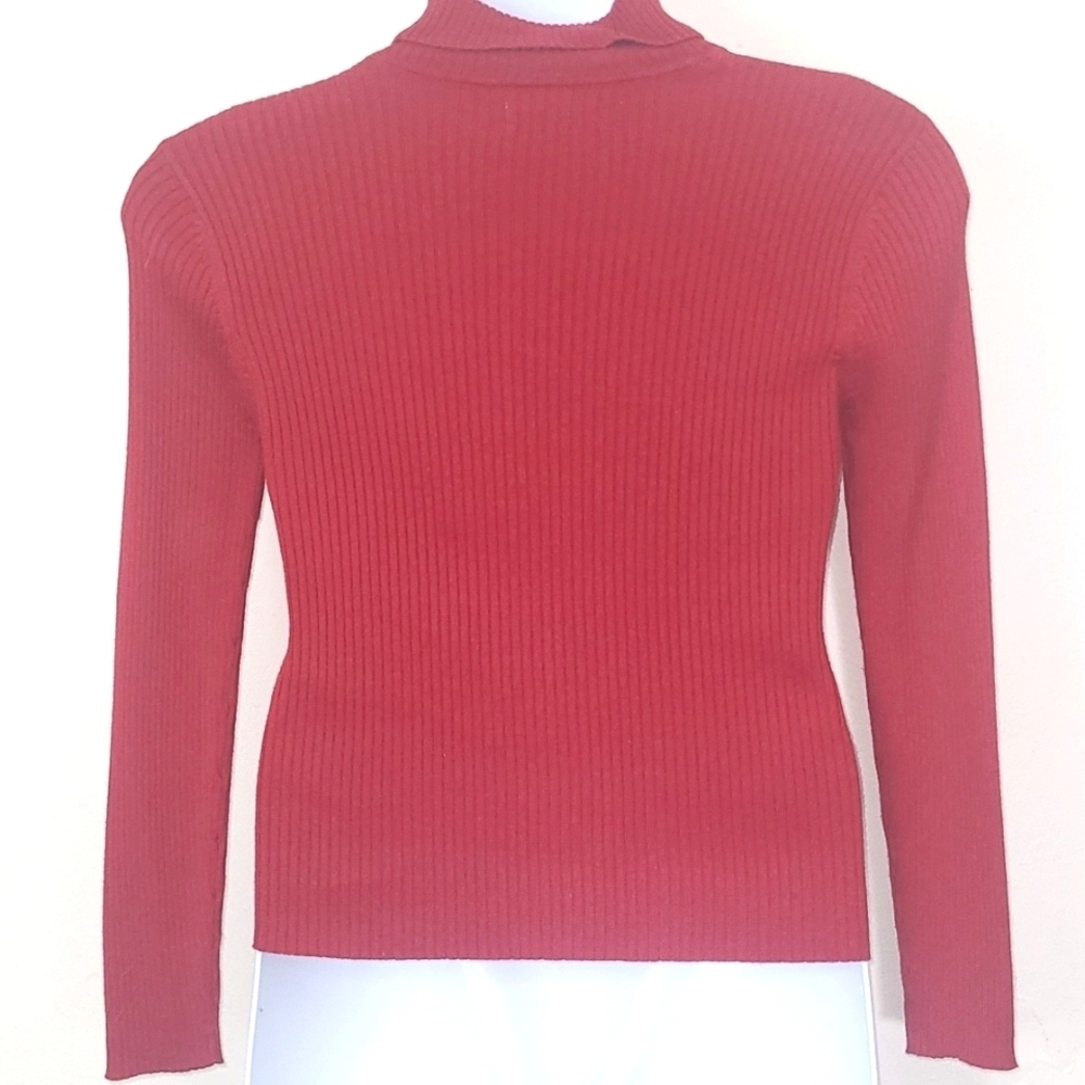 Sweater red knit Long sleeve stretch Ribbed cotton blend turtleneck L P - Picture 2 of 3